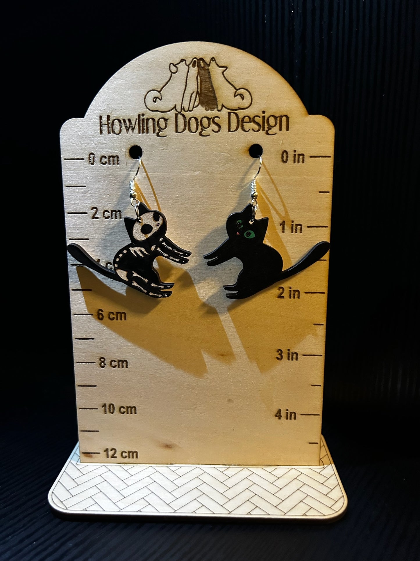 Black cat and cat skeleton earrings