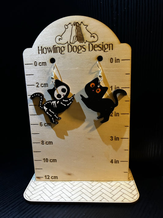 Black cat and cat skeleton earrings